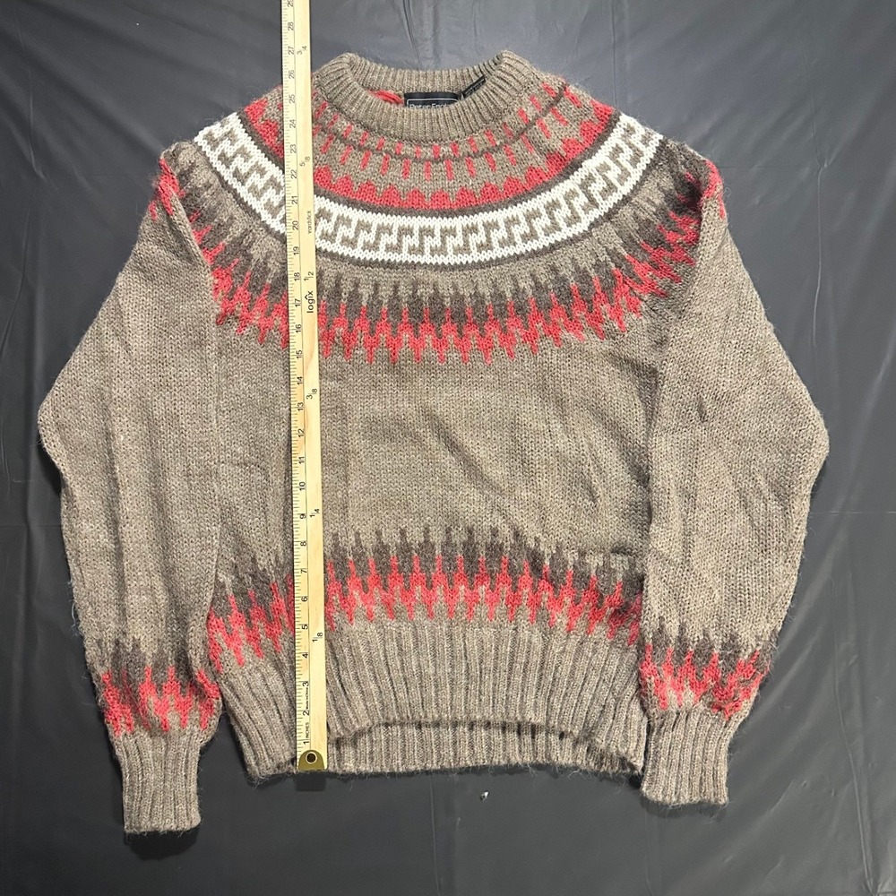 Peter England Vintage Fair Isle Knit Sweater Geometric Yoke Brown Red Size L